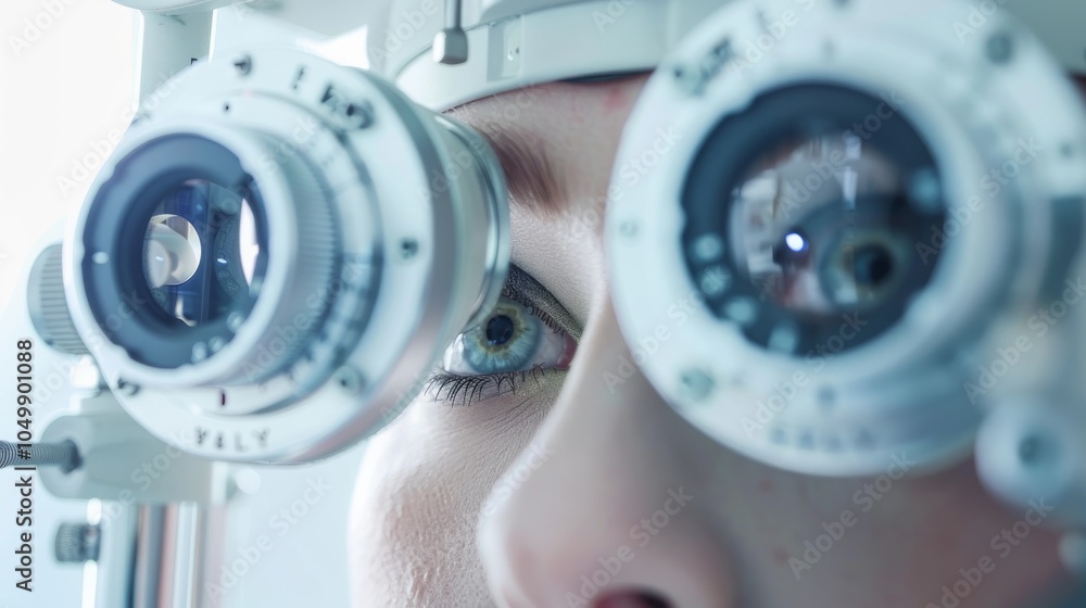 Poster a close-up of an ophthalmologist examining a patient��s eyes with focus on the diagnostic tools and 