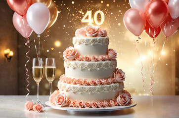 40th wedding anniversary celebration. Wedding cake, champagne and bouquet of rose flower. Romantic background.
