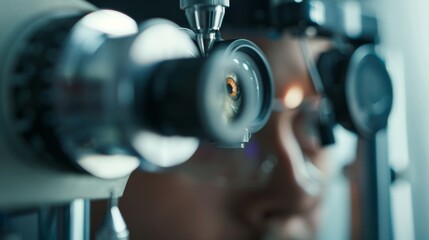 A close-up of an optometrist examining a patient��s eyes with focus on the diagnostic tools and the patient��s eye, set against a bright, clean optometry office background