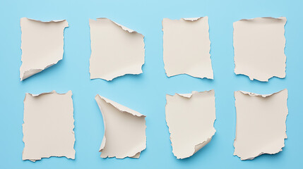 Fototapeta premium A set of torn and ripped flat paper sheets on a plain blue background with no wrinkles, stiff sheets of paper and no shadows