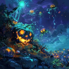 Digital Science Illustration of Halloween Night with Glowing Pumpkins and Bioluminescent Creatures