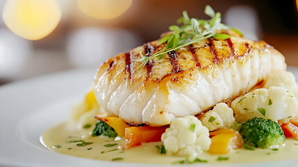 Grilled Fish with Vegetables and Sauce, seafood, white fish, cod, halibut, snapper