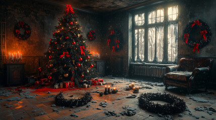 Distressed Christmas interior with a dark