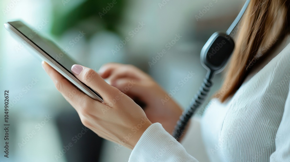 Aufkleber a close-up of a client service representative using a tablet to provide assistance, highlighting tec