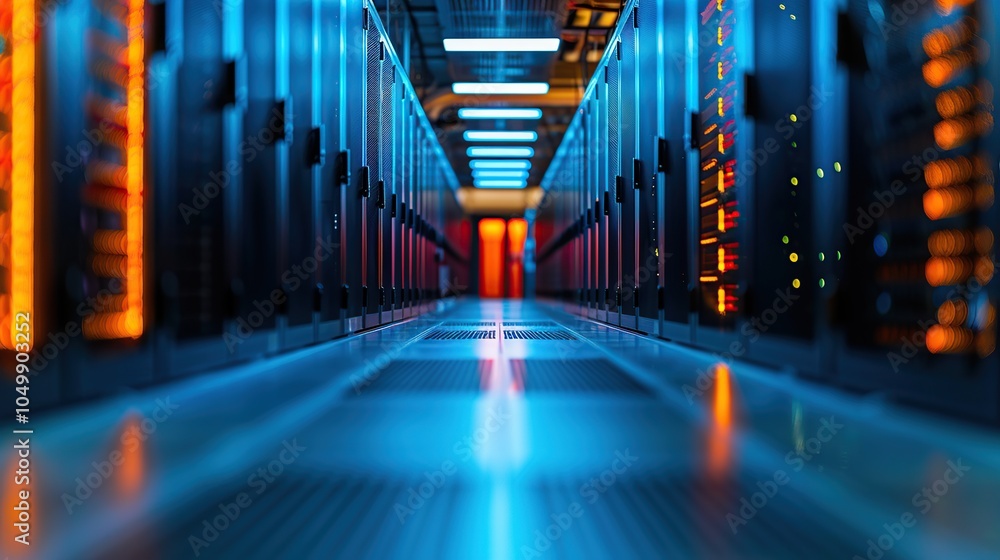 Poster a long, narrow hallway in a server room with rows of server racks on each side. the floor is polishe