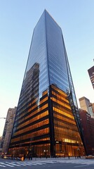 Obraz premium A tall glass skyscraper reflecting city buildings on a clear day in an urban area