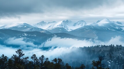 Majestic panorama of Rocky Mountains under low clouds partially hiding snow capped summits offering a breathtaking view ideal for outdoor and adventure lovers