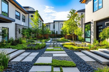 Fototapeta premium A modern courtyard with a blend of stone pathways, vibrant greenery, and decorative water features, surrounded by stylish homes in a gated community.