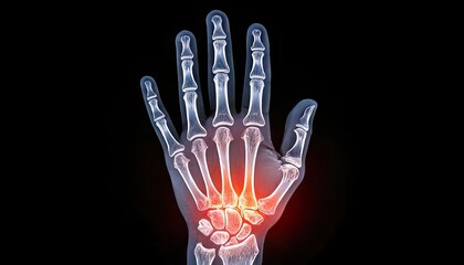 Naklejka premium Human Hand X Ray with Red Highlight on Wrist Joint Pain
