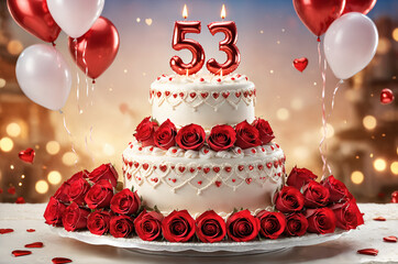 53rd wedding anniversary celebration. Wedding cake and bouquet of rose flower. Romantic background.

