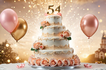 54th wedding anniversary celebration. Wedding cake, champagne and bouquet of rose flower. Romantic background.
