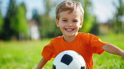 Obraz premium Happy Child Playing Soccer in a Bright Green Field