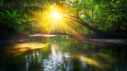 Obraz premium Sun Rays Through Tropical Forest Canopy, rainforest, jungle, trees, green, leaves