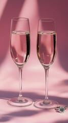 Elegant glasses filled with clear liquid on a soft pink background during daylight hours