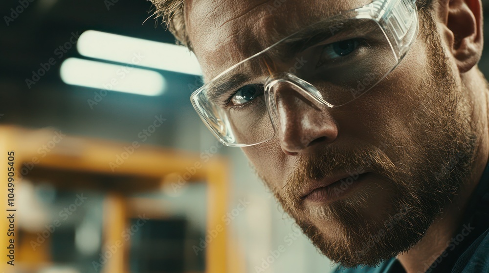 Poster a close-up of a worker wearing safety glasses while performing tasks in a workshop, emphasizing eye 