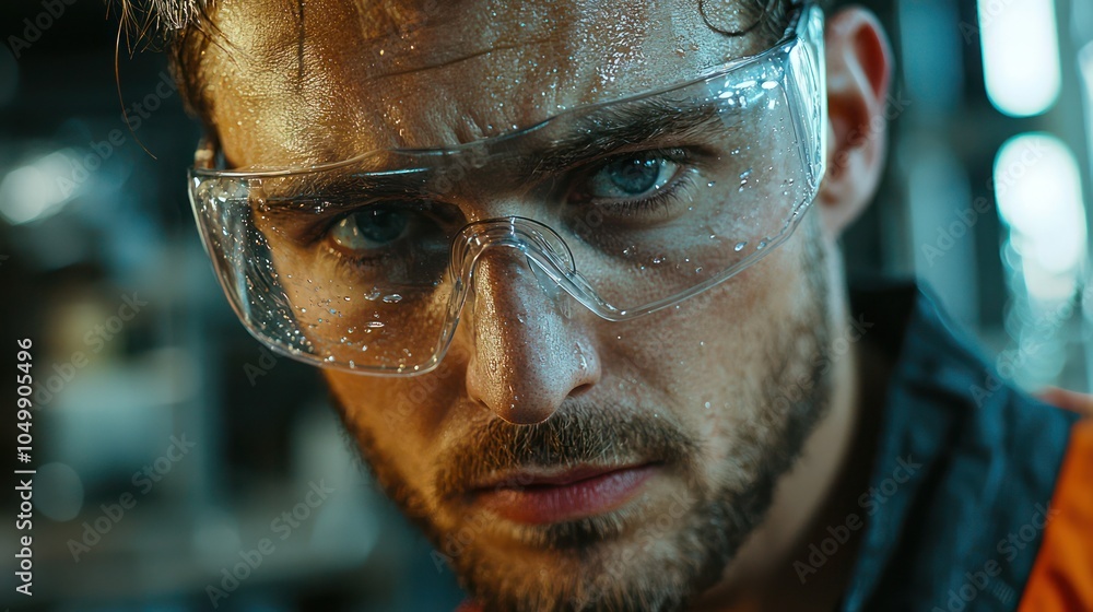 Poster a close-up of a worker wearing safety glasses while performing tasks in a workshop, emphasizing eye 