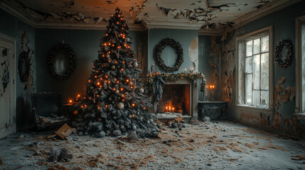 Abandoned Christmas room layered in shadows and dark holiday decor