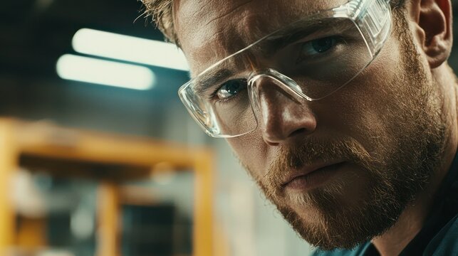 A close-up of a worker wearing safety glasses while performing tasks in a workshop, emphasizing eye protection - Powered by Adobe
