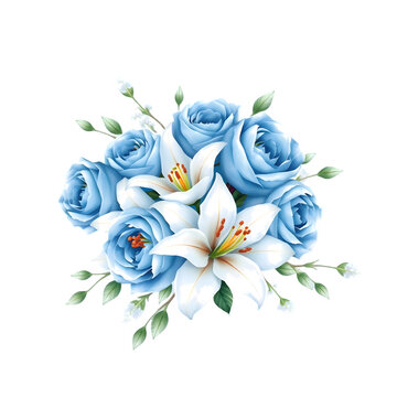 Elegant blue floral design with roses and white accents on a white background, perfect for wedding invitations, greeting cards, and elegant floral decor