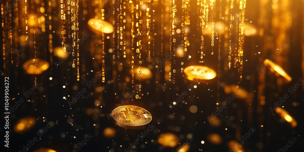 Aufkleber an artistic depiction shows golden coins flowing through a vibrant background of binary code, symbol