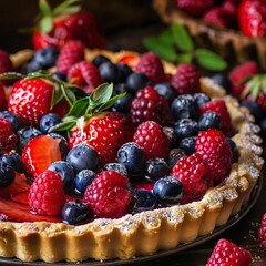A close up shot of a decadent mixed berry tart, topped with strawberries, blueberries