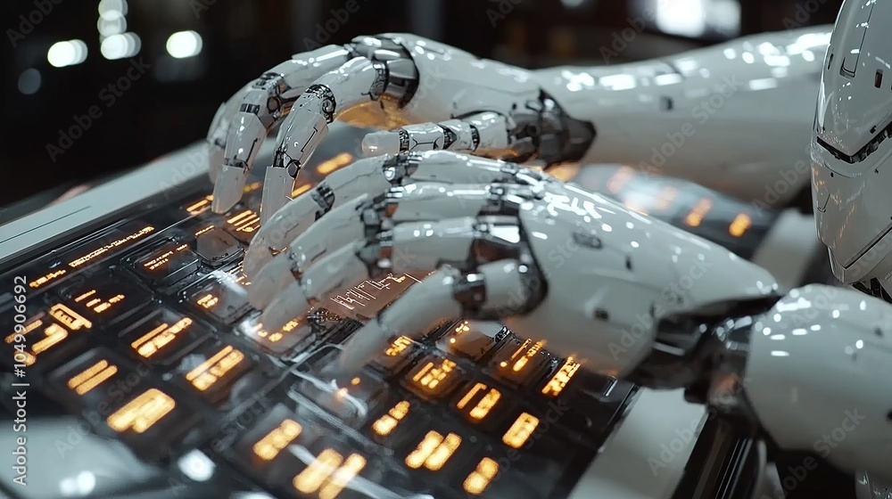 Aufkleber a pair of robotic hands typing on a futuristic keyboard with glowing orange keys.