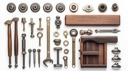 Obraz premium Furniture hardware and tools for assembly, isolated on a white background. 