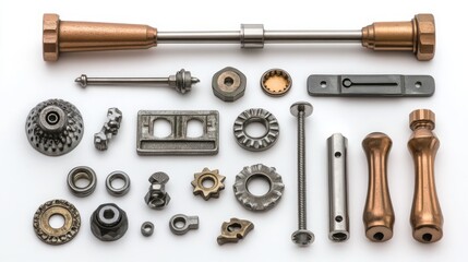 Furniture hardware and tools for assembly, isolated on a white background. 