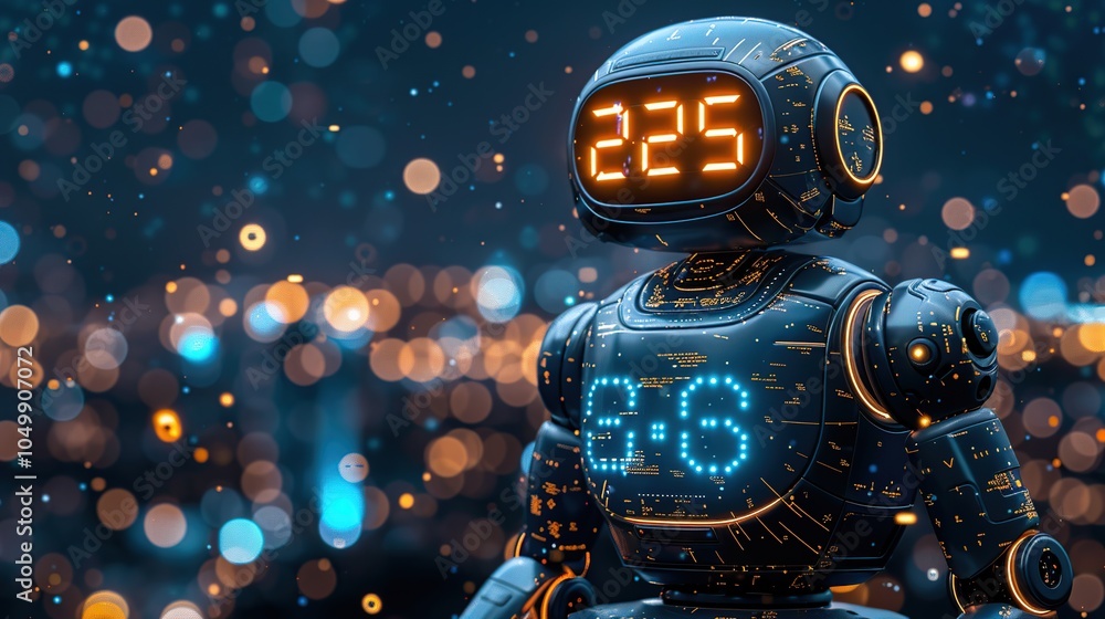 Poster a futuristic robot with a digital display on its chest, standing in front of a bokeh background.