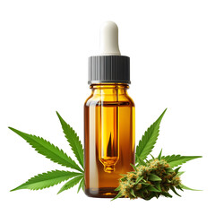 Photography of a Glass Bottle Filled with Amber Oil Tincture and Cannabis Leaves on a Transparent Background