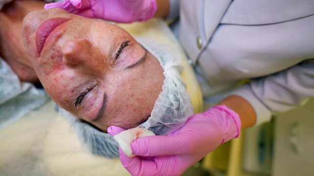 The doctor injects the drug into the skin with a syringe, small red dots indicate the sites of recent injections, enhancing the image of spot work.