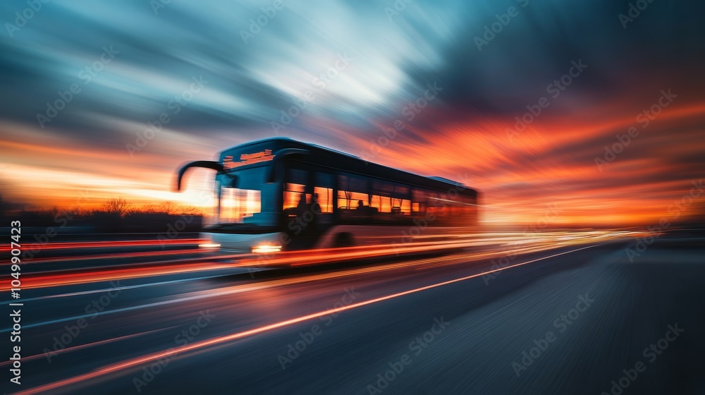 Poster a captivating image of a bus racing through the highway at dusk, highlighting a sense of speed and t