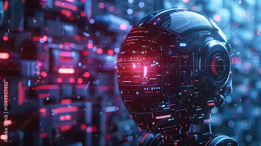Poster close-up of a futuristic robot head with glowing red light in a digital environment.