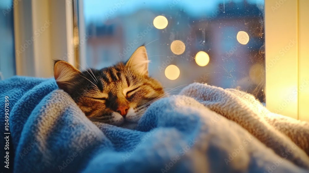 Poster cozy cat in a soft reading nook by the window