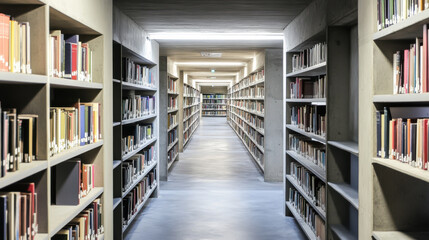 Modern library interior featuring concrete architecture and wooden bookshelves in a spacious, well-lit reading area during daytime