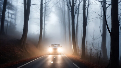 Fototapeta premium Car driving down a misty autumn road.