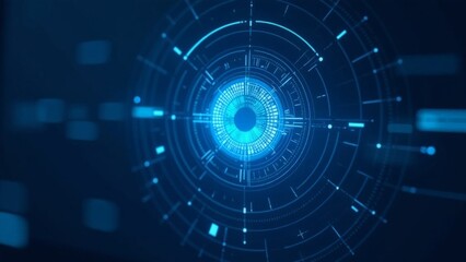 Fototapeta premium Futuristic digital eye interface in blue tones, symbolizing technology, cybersecurity, and artificial intelligence, abstract background with circular data and lines, horizontal