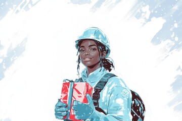 Female Construction Worker in Winter Gear Holding a Red Gift Box, Festive Winter Portrait