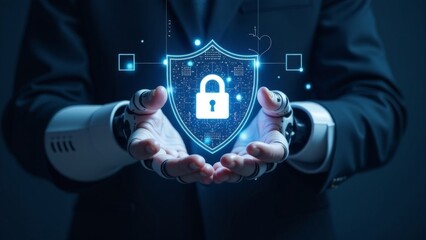 Cybersecurity concept with digital lock and shield icon. Robotic hands holding a glowing shield with a lock symbol, symbolizing data protection and network security. Defocus