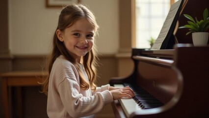 Young girl smiling while playing piano indoors, warm lighting, musical learning environment, representing joy, creativity, and childhood, horizontal. defocus