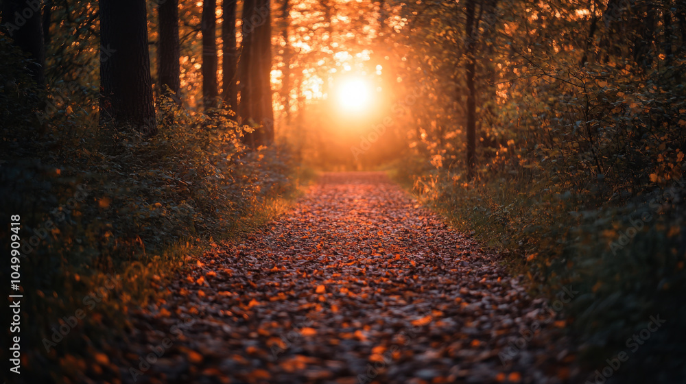 Poster sunlight filters through trees illuminating an autumn path covered in fallen leaves in a serene fore