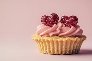 Delightful cupcake topped with pink frosting and red glitter hearts on a soft pink background