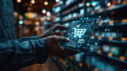 A person uses a tablet to shop online in a supermarket, with a digital shopping cart icon appearing on the screen.