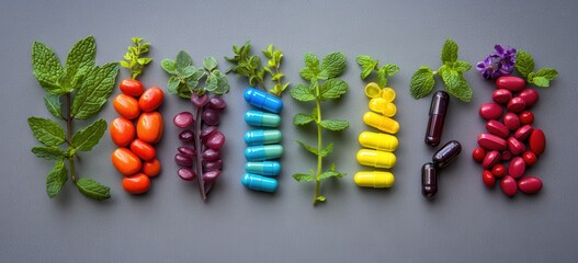 vibrant assortment of colorful pills and capsules is arranged alongside fresh herbs on gray background, showcasing blend of natural and synthetic elements
