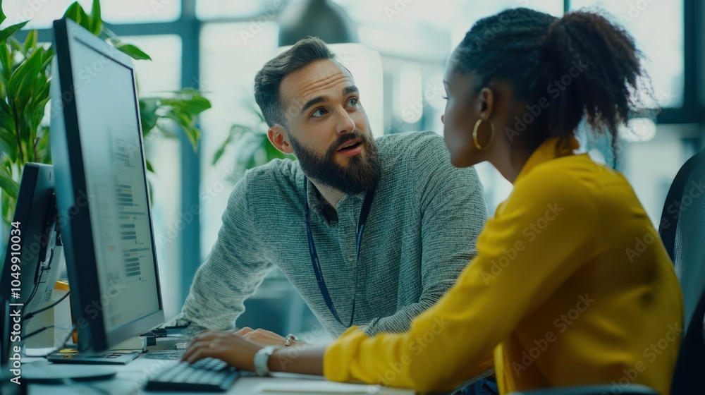 Poster a customer receiving support through a helpdesk, with a representative providing solutions on a comp