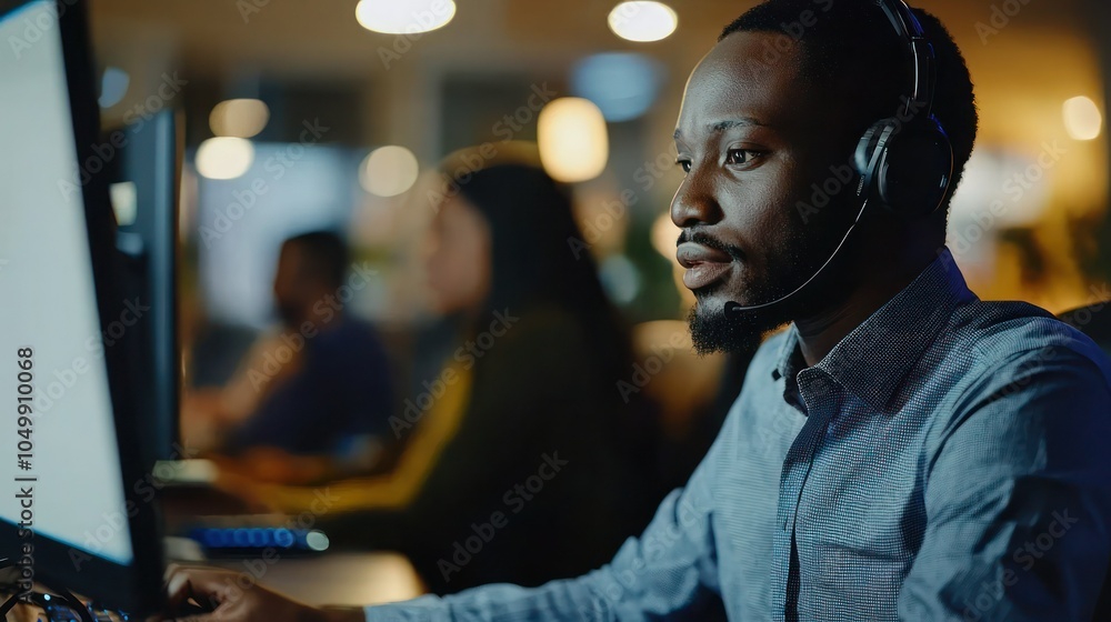 Poster a customer receiving support through a helpdesk, with a representative providing solutions on a comp