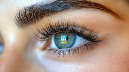 Obraz premium Close-Up of Blue Eye with Long Lashes and Natural Lighting for Beauty and Skincare Concepts