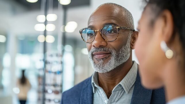 A customer trying on eyeglasses in a modern optical salon, highlighting personalized service and style options