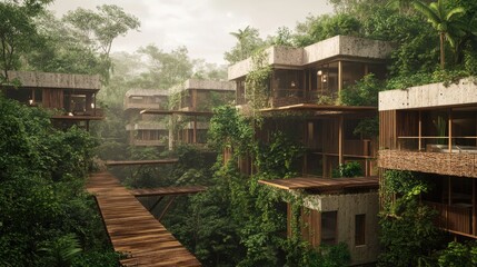 A modern housing society built with natural materials, enveloped by thick rainforest vegetation, with homes interconnected by wooden walkways.