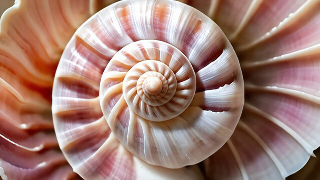 Beautiful pink spiral seashell closeup in natural tones.